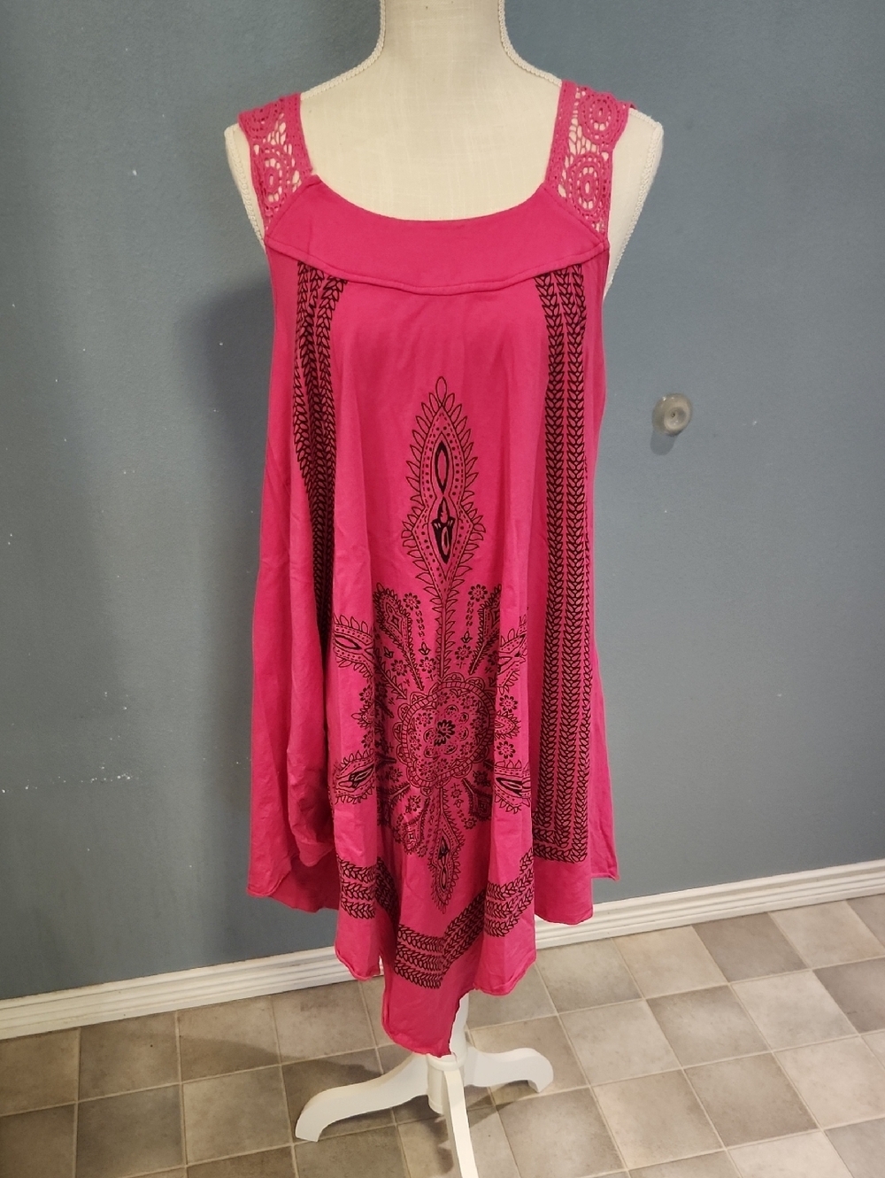 Ingear Sleeveless Crochet Bandana Print Handkerchief Hemline Boho Festival Dress